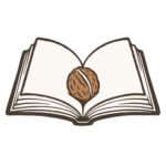 An open book holding a walnut
